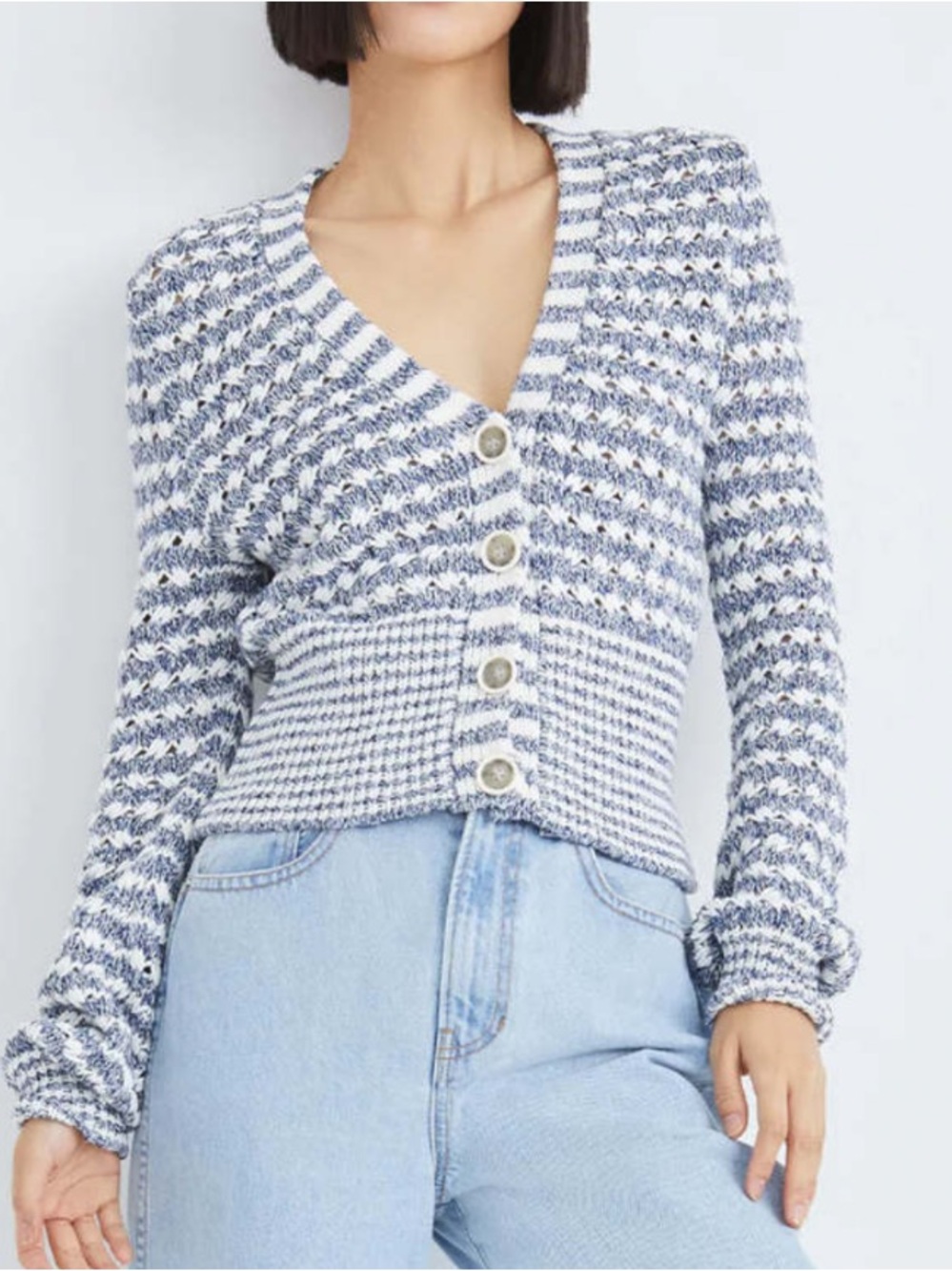 Veronica beard artura blue white chunky knit open cardigan cotton blend sz xs